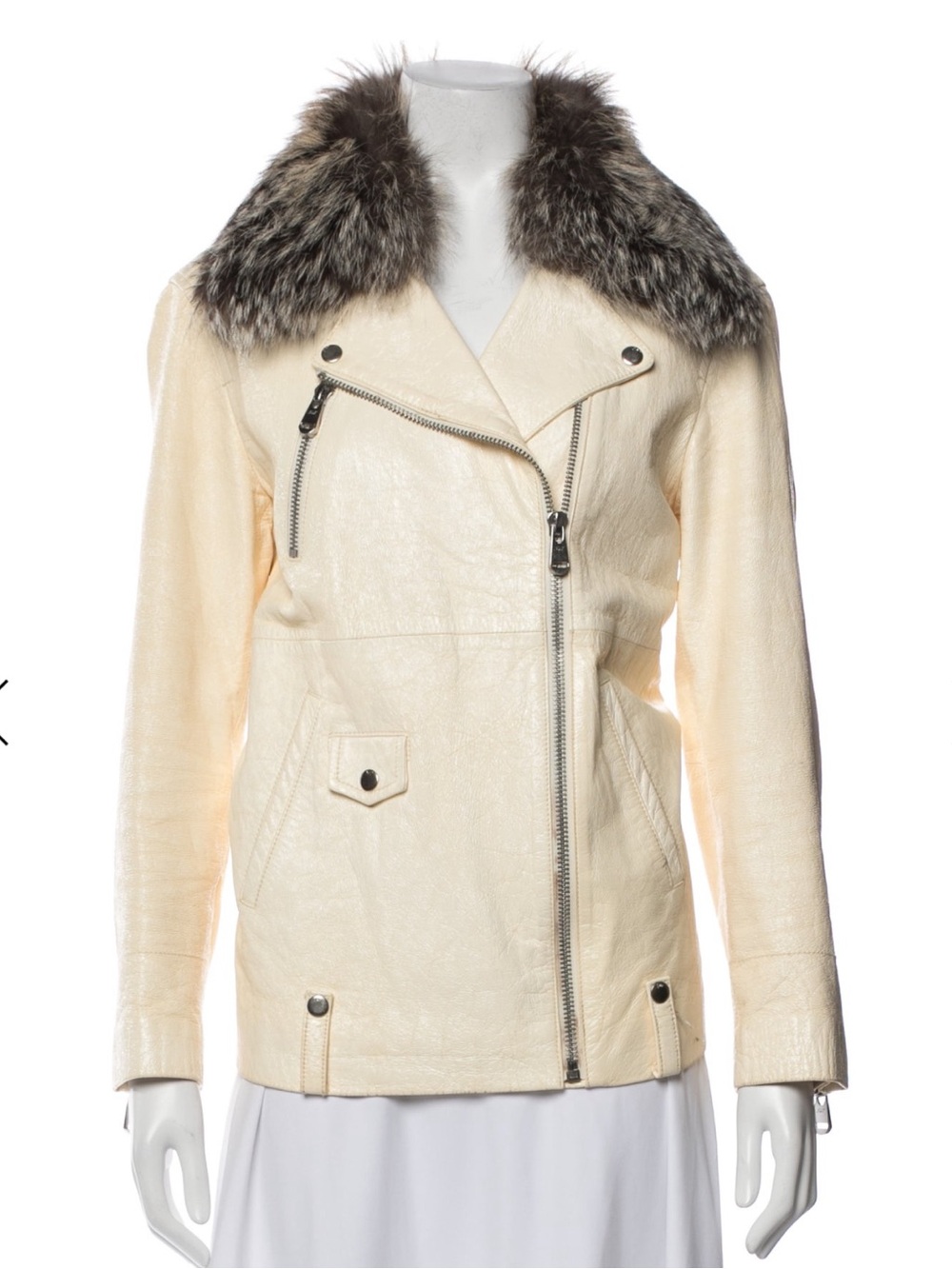 cinq a sept Cream Leather Biker Jacket with Fur Collar Genuine leather